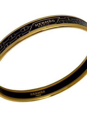 Hermes Enamel PM Bracelet Cloisonne Bangle Black Gold
